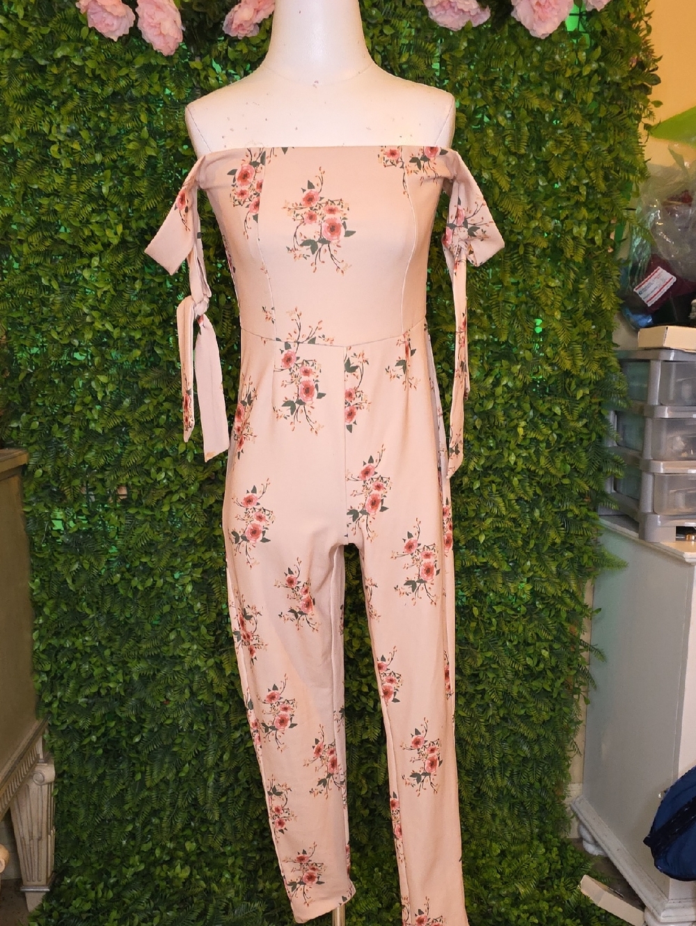 Guess Blush Pink Floral Off-Shoulder Jumpsuit with Tie Sleeves